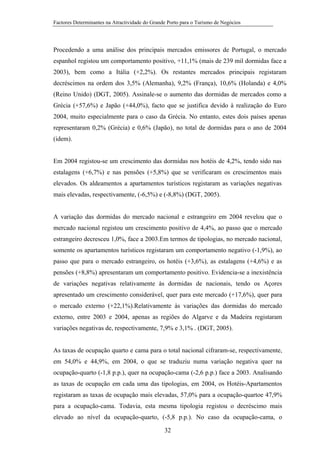 Factores Determinantes na Atractividade do Grande Porto para o Turismo de Negócios

Procedendo a uma análise dos principais mercados emissores de Portugal, o mercado
espanhol registou um comportamento positivo, +11,1% (mais de 239 mil dormidas face a
2003), bem como a Itália (+2,2%). Os restantes mercados principais registaram
decréscimos na ordem dos 3,5% (Alemanha), 9,2% (França), 10,6% (Holanda) e 4,0%
(Reino Unido) (DGT, 2005). Assinale-se o aumento das dormidas de mercados como a
Grécia (+57,6%) e Japão (+44,0%), facto que se justifica devido à realização do Euro
2004, muito especialmente para o caso da Grécia. No entanto, estes dois países apenas
representaram 0,2% (Grécia) e 0,6% (Japão), no total de dormidas para o ano de 2004
(idem).

Em 2004 registou-se um crescimento das dormidas nos hotéis de 4,2%, tendo sido nas
estalagens (+6,7%) e nas pensões (+5,8%) que se verificaram os crescimentos mais
elevados. Os aldeamentos a apartamentos turísticos registaram as variações negativas
mais elevadas, respectivamente, (-6,5%) e (-8,8%) (DGT, 2005).

A variação das dormidas do mercado nacional e estrangeiro em 2004 revelou que o
mercado nacional registou um crescimento positivo de 4,4%, ao passo que o mercado
estrangeiro decresceu 1,0%, face a 2003.Em termos de tipologias, no mercado nacional,
somente os apartamentos turísticos registaram um comportamento negativo (-1,9%), ao
passo que para o mercado estrangeiro, os hotéis (+3,6%), as estalagens (+4,6%) e as
pensões (+8,8%) apresentaram um comportamento positivo. Evidencia-se a inexistência
de variações negativas relativamente às dormidas de nacionais, tendo os Açores
apresentado um crescimento considerável, quer para este mercado (+17,6%), quer para
o mercado externo (+22,1%).Relativamente às variações das dormidas do mercado
externo, entre 2003 e 2004, apenas as regiões do Algarve e da Madeira registaram
variações negativas de, respectivamente, 7,9% e 3,1% . (DGT, 2005).

As taxas de ocupação quarto e cama para o total nacional cifraram-se, respectivamente,
em 54,0% e 44,9%, em 2004, o que se traduziu numa variação negativa quer na
ocupação-quarto (-1,8 p.p.), quer na ocupação-cama (-2,6 p.p.) face a 2003. Analisando
as taxas de ocupação em cada uma das tipologias, em 2004, os Hotéis-Apartamentos
registaram as taxas de ocupação mais elevadas, 57,0% para a ocupação-quartoe 47,9%
para a ocupação-cama. Todavia, esta mesma tipologia registou o decréscimo mais
elevado ao nível da ocupação-quarto, (-5,8 p.p.). No caso da ocupação-cama, o
32

 