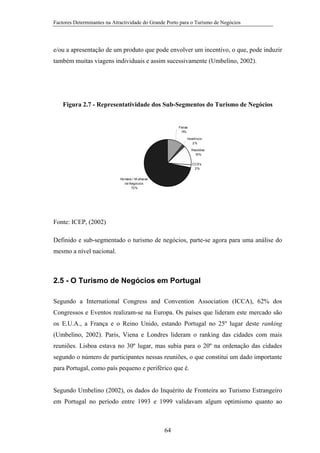 Factores Determinantes na Atractividade do Grande Porto para o Turismo de Negócios

e/ou a apresentação de um produto que pode envolver um incentivo, o que, pode induzir
também muitas viagens individuais e assim sucessivamente (Umbelino, 2002).

Figura 2.7 - Representatividade dos Sub-Segmentos do Turismo de Negócios

Feiras
11%
Incentivos
2%
Reuniões
13%
CCS's
2%
Homens / M ulheres
de Negócios
72%

Fonte: ICEP, (2002)
Definido e sub-segmentado o turismo de negócios, parte-se agora para uma análise do
mesmo a nível nacional.

2.5 - O Turismo de Negócios em Portugal
Segundo a International Congress and Convention Association (ICCA), 62% dos
Congressos e Eventos realizam-se na Europa. Os países que lideram este mercado são
os E.U.A., a França e o Reino Unido, estando Portugal no 25º lugar deste ranking
(Umbelino, 2002). Paris, Viena e Londres lideram o ranking das cidades com mais
reuniões. Lisboa estava no 30º lugar, mas subia para o 20º na ordenação das cidades
segundo o número de participantes nessas reuniões, o que constitui um dado importante
para Portugal, como país pequeno e periférico que é.

Segundo Umbelino (2002), os dados do Inquérito de Fronteira ao Turismo Estrangeiro
em Portugal no período entre 1993 e 1999 validavam algum optimismo quanto ao

64

 
