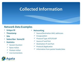 Collected Information
Network Data Examples
• Unique ID
• Timestamp
• Site
• Subscriber Name/ID
• Statistics
 Session Duration
 Bytes In/Out
 Packets In/Out
 Live Connections
• Networking
 Source/Destination MAC addresses
 Encapsulation
 Protocol Type: IP/TCP/UDP
 Source IP and Port
 Destination IP and Port
 Protocol /Application
 Information from packet header/data
 