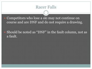 Racer Falls

 Competitors who lose a ski may not continue on
 course and are DNF and do not require a drawing.

 Should be noted as “DNF” in the fault column, not as
 a fault.
 