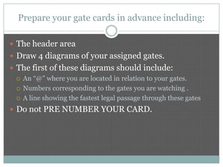 Prepare your gate cards in advance including:

 The header area
 Draw 4 diagrams of your assigned gates.
 The first of these diagrams should include:
   An “@” where you are located in relation to your gates.

   Numbers corresponding to the gates you are watching .

   A line showing the fastest legal passage through these gates

 Do not PRE NUMBER YOUR CARD.
 