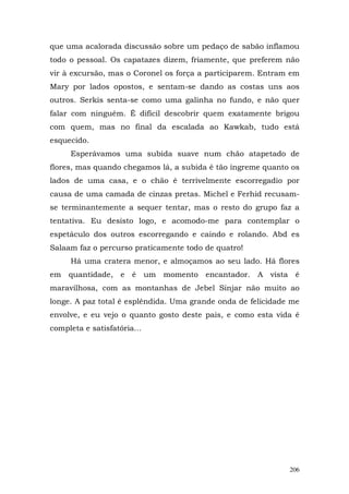 que uma acalorada discussão sobre um pedaço de sabão inflamou
todo o pessoal. Os capatazes dizem, friamente, que preferem não
vir à excursão, mas o Coronel os força a participarem. Entram em
Mary por lados opostos, e sentam-se dando as costas uns aos
outros. Serkis senta-se como uma galinha no fundo, e não quer
falar com ninguém. Ê difícil descobrir quem exatamente brigou
com quem, mas no final da escalada ao Kawkab, tudo está
esquecido.
     Esperávamos uma subida suave num chão atapetado de
flores, mas quando chegamos lá, a subida é tão íngreme quanto os
lados de uma casa, e o chão é terrivelmente escorregadio por
causa de uma camada de cinzas pretas. Michel e Ferhid recusam-
se terminantemente a sequer tentar, mas o resto do grupo faz a
tentativa. Eu desisto logo, e acomodo-me para contemplar o
espetáculo dos outros escorregando e caindo e rolando. Abd es
Salaam faz o percurso praticamente todo de quatro!
     Há uma cratera menor, e almoçamos ao seu lado. Há flores
em quantidade, e é um momento encantador. A vista é
maravilhosa, com as montanhas de Jebel Sinjar não muito ao
longe. A paz total é esplêndida. Uma grande onda de felicidade me
envolve, e eu vejo o quanto gosto deste pais, e como esta vida é
completa e satisfatória...




                                                              206
 