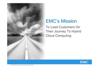 EMC’s Mission
                                                         To Lead Customers On
                                                         Their Journey To Hybrid
                                                         Cloud Computing




© Copyright 2011 EMC Corporation. All rights reserved.                             2
 