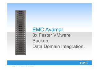 EMC Avamar.
                                                  3x Faster VMware
                                                  Backup.
                                                  Data Domain Integration.


© Copyright 2011 EMC Corporation. All rights reserved.                       9
 