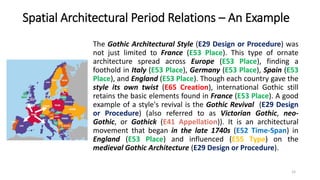 Spatial Architectural Period Relations – An Example
The Gothic Architectural Style (E29 Design or Procedure) was
not just limited to France (E53 Place). This type of ornate
architecture spread across Europe (E53 Place), finding a
foothold in Italy (E53 Place), Germany (E53 Place), Spain (E53
Place), and England (E53 Place). Though each country gave the
style its own twist (E65 Creation), international Gothic still
retains the basic elements found in France (E53 Place). A good
example of a style's revival is the Gothic Revival (E29 Design
or Procedure) (also referred to as Victorian Gothic, neo-
Gothic, or Gothick (E41 Appellation)). It is an architectural
movement that began in the late 1740s (E52 Time-Span) in
England (E53 Place) and influenced (E55 Type) on the
medieval Gothic Architecture (E29 Design or Procedure).
15
 