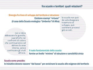 fra scuole e territori: quali relazioni?

    Sinergia fra linee di sviluppo del territorio e istruzione:
                                 Esistono esempi “virtuosi”       la scuola non può
                                                                  da sola disegnare
       (il caso della Scuola enologica “Umberto I”di Alba)        traiettorie di
                                                                  sviluppo, può
                                                                  sostenere processi
                                                                  già avviati.
          non si deve
abbassare la guardia,
      soprattutto nei
  confronti di coloro
che continueranno ad
      abitare le aree
       interne, senza
  continuare gli studi     Il ruolo fondamentale della scuola:
              altrove.     fornire un livello “minimo” di istruzione e sensibilità civica

Scuola come presidio:
le iniziative devono nascere “dal basso” per avvicinare la scuola alle esigenze del territorio
 