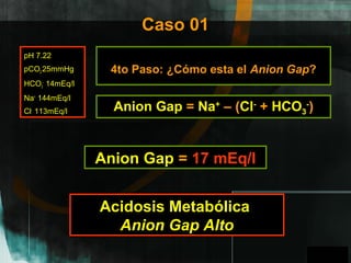 GPO
Caso 01
pH 7.22
pCO2 25mmHg
HCO3
-
14mEq/l
Na+
144mEq/l
Cl-
113mEq/l
4to Paso: ¿Cómo esta el Anion Gap?
Acidosis Metabólica
Anion Gap Alto
Anion Gap = Na+
– (Cl-
+ HCO3
-
)
Anion Gap = 17 mEq/l
A
 