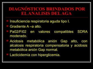 DIAGNÓSTICOS BRINDADOS POR
ELANALISIS DELAGA
 Insuficiencia respiratoria aguda tipo I.
 Gradiente A –a alto.
 Pa02/Fi02 en valores compatibles SDRA
moderado.
 Acidosis metabólica anión Gap alto, con
alcalosis respiratoria compensatoria y acidosis
metabólica anión Gap normal.
 Lacticidemía con hiperglicemia.
 