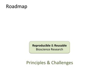 Roadmap	
  




              Reproducible	
  &	
  Reusable	
  	
  
                Bioscience	
  Research	
  



         Principles	
  &	
  Challenges	
  
 