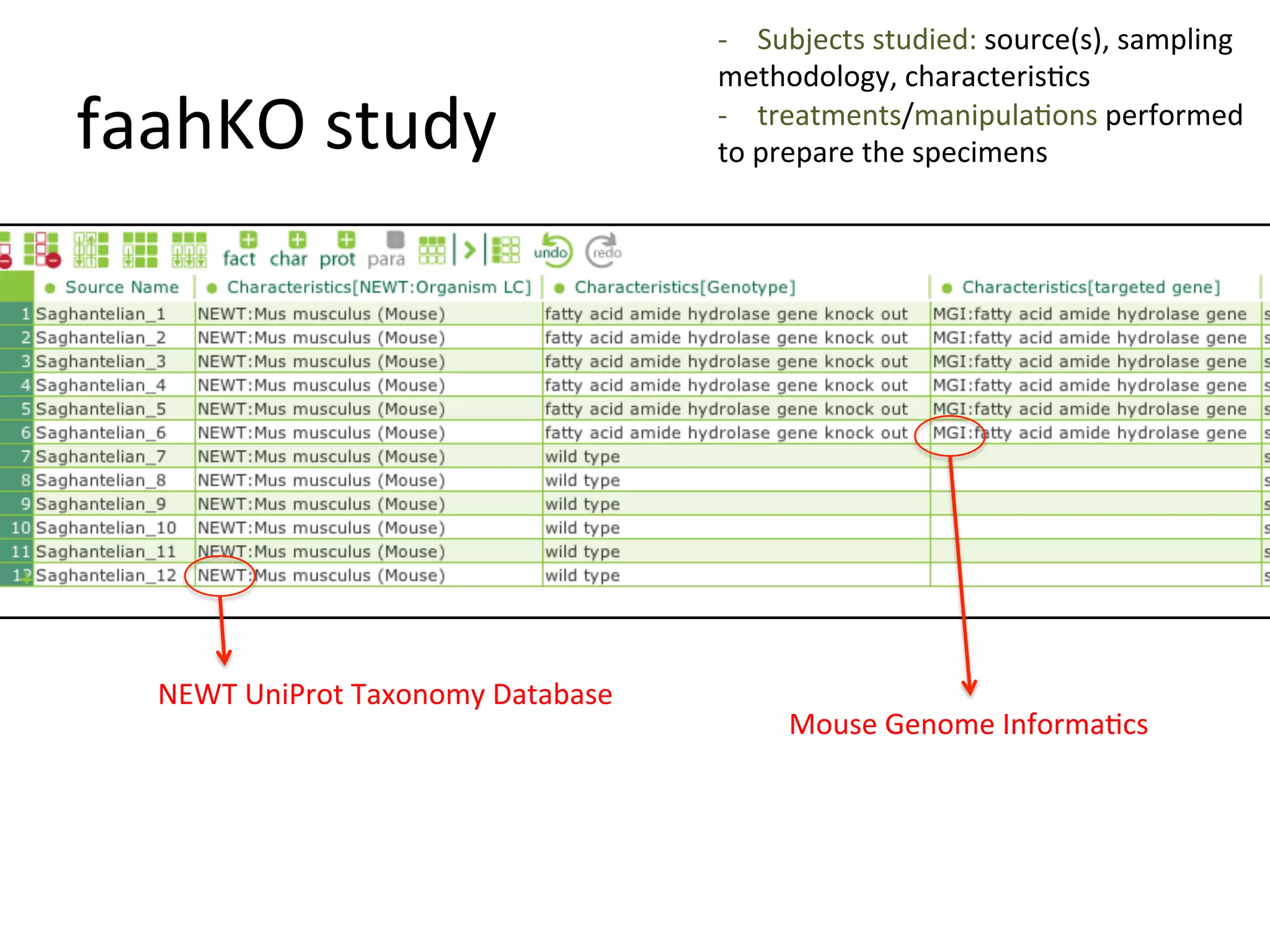 -­‐  Subjects	
  studied:	
  source(s),	
  sampling	
  
                                                 methodology,	
  characterisQcs	
  
faahKO	
  study	
                                -­‐  treatments/manipulaQons	
  performed	
  	
  
                                                 to	
  prepare	
  the	
  specimens	
  
                                                 	
  




   NEWT	
  UniProt	
  Taxonomy	
  Database	
  
                                                        Mouse	
  Genome	
  InformaQcs	
  
 
