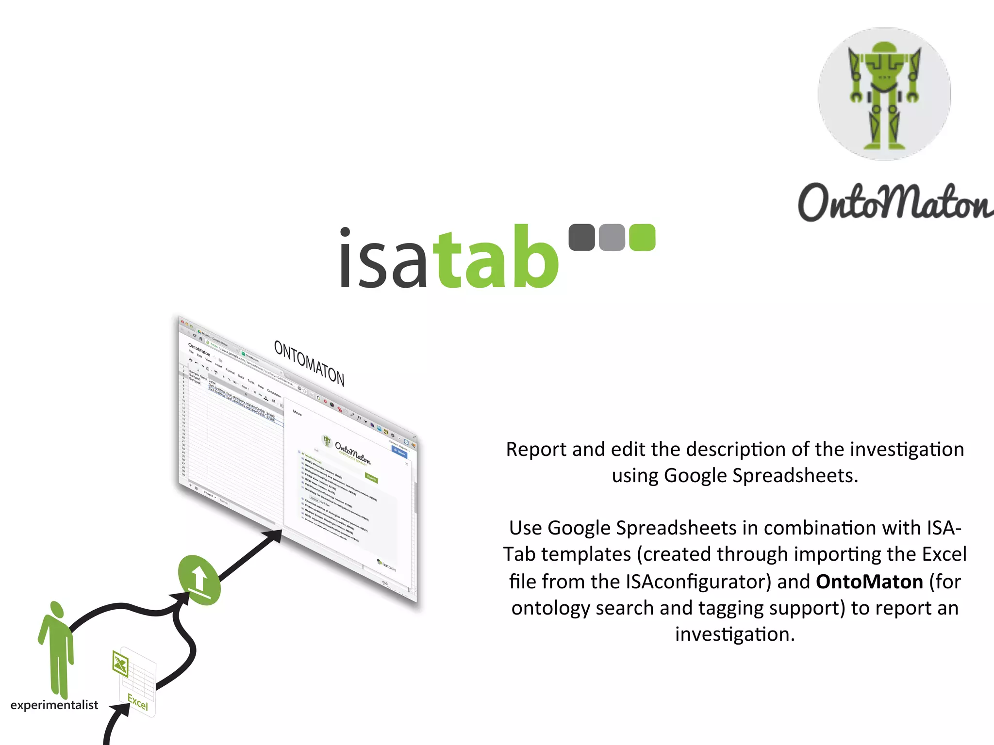 Report	
  and	
  edit	
  the	
  descripQon	
  of	
  the	
  invesQgaQon	
  
                  using	
  Google	
  Spreadsheets.	
  	
  
                                    	
  
 Use	
  Google	
  Spreadsheets	
  in	
  combinaQon	
  with	
  ISA-­‐
Tab	
  templates	
  (created	
  through	
  imporQng	
  the	
  Excel	
  
 ﬁle	
  from	
  the	
  ISAconﬁgurator)	
  and	
  OntoMaton	
  (for	
  
 ontology	
  search	
  and	
  tagging	
  support)	
  to	
  report	
  an	
  
                            invesQgaQon.	
  
 