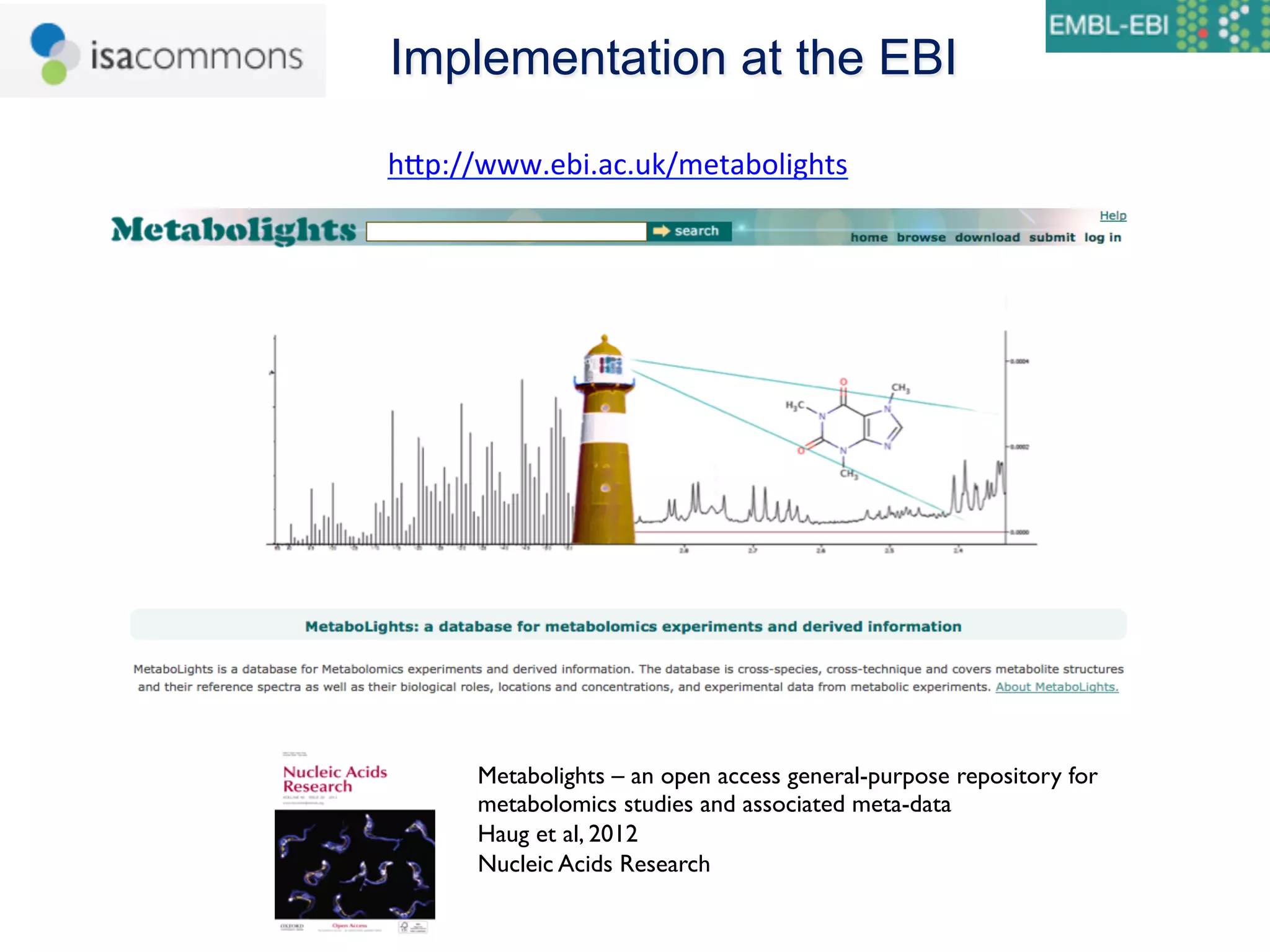 Implementation at the EBI

hcp://www.ebi.ac.uk/metabolights	
  
	
  




      Metabolights – an open access general-purpose repository for
      metabolomics studies and associated meta-data	

      Haug et al, 2012	

      Nucleic Acids Research	

                    35
 