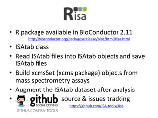 •  R	
  package	
  available	
  in	
  BioConductor	
  2.11	
  	
  
                     hcp://bioconductor.org/packages/release/bioc/html/Risa.html	
  

•  ISAtab	
  class	
  
•  Read	
  ISAtab	
  ﬁles	
  into	
  ISAtab	
  objects	
  and	
  save	
  
   ISAtab	
  ﬁles	
  
•  Build	
  xcmsSet	
  (xcms	
  package)	
  objects	
  from	
  
   mass	
  spectrometry	
  assays	
  	
  	
  
•  Augment	
  the	
  ISAtab	
  dataset	
  aOer	
  analysis	
  
•  	
  	
  	
  	
  	
  	
  	
  	
  	
  	
  	
  	
  	
  	
  	
  	
  	
  	
  	
  	
  	
  	
  	
  	
  	
  	
  	
  	
  	
  source	
  &	
  issues	
  tracking	
  
                                                                         	
  
                                                                    hcps://github.com/ISA-­‐tools/Risa	
  
                                                                    	
   	
  
                                                                              	
  
 