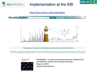 Implementation at the EBI

hcp://www.ebi.ac.uk/metabolights	
  
	
  




      Metabolights – an open access general-purpose repository for
      metabolomics studies and associated meta-data	

      Haug et al, 2012	

      Nucleic Acids Research	

                    35
 