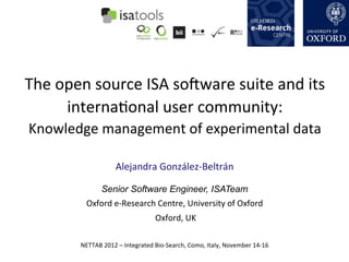 The	
  open	
  source	
  ISA	
  soOware	
  suite	
  and	
  its	
  
        internaQonal	
  user	
  community:	
  
Knowledge	
  management	
  of	
  experimental	
  data	
  

                             Alejandra	
  González-­‐Beltrán	
  

                      Senior Software Engineer, ISATeam
              Oxford	
  e-­‐Research	
  Centre,	
  University	
  of	
  Oxford	
  
                                                	
  Oxford,	
  UK

            NETTAB	
  2012	
  –	
  Integrated	
  Bio-­‐Search,	
  Como,	
  Italy,	
  November	
  14-­‐16	
  
 