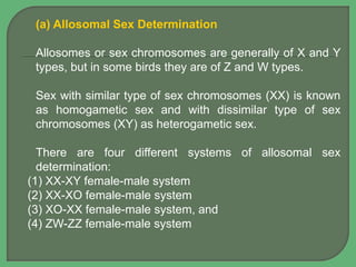 (a) Allosomal Sex Determination
Allosomes or sex chromosomes are generally of X and Y
types, but in some birds they are of Z and W types.
Sex with similar type of sex chromosomes (XX) is known
as homogametic sex and with dissimilar type of sex
chromosomes (XY) as heterogametic sex.
There are four different systems of allosomal sex
determination:
(1) XX-XY female-male system
(2) XX-XO female-male system
(3) XO-XX female-male system, and
(4) ZW-ZZ female-male system
 
