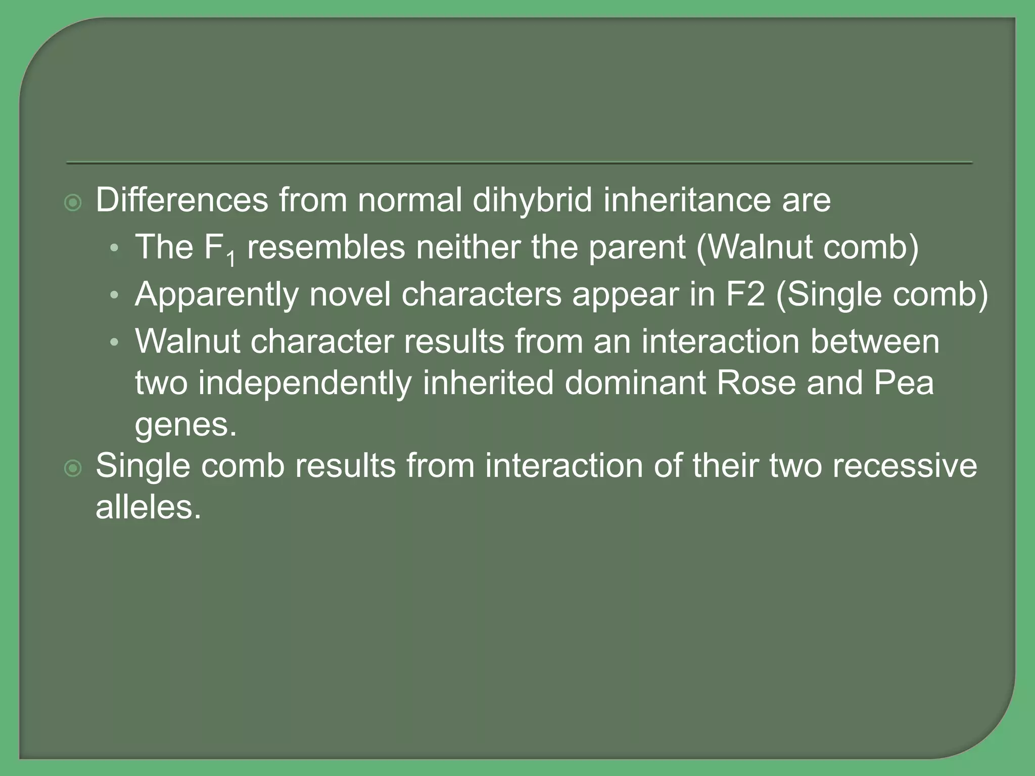  Differences from normal dihybrid inheritance are
• The F1 resembles neither the parent (Walnut comb)
• Apparently novel characters appear in F2 (Single comb)
• Walnut character results from an interaction between
two independently inherited dominant Rose and Pea
genes.
 Single comb results from interaction of their two recessive
alleles.
 