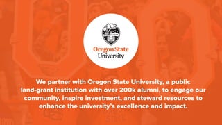 We partner with Oregon State University, a public
land-grant institution with over 200k alumni, to engage our
community, i...