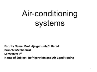 Air-conditioning
systems
1
Faculty Name: Prof. Ajaypalsinh G. Barad
Branch: Mechanical
Semester: 6th
Name of Subject: Refrigeration and Air Conditioning
 