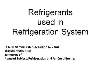 Refrigerants
used in
Refrigeration System
1
Faculty Name: Prof. Ajaypalsinh G. Barad
Branch: Mechanical
Semester: 6th
Name of Subject: Refrigeration and Air Conditioning
 