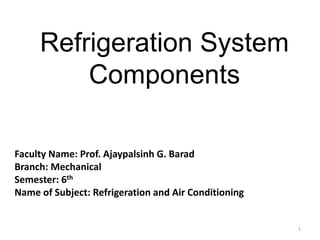 Refrigeration System
Components
1
Faculty Name: Prof. Ajaypalsinh G. Barad
Branch: Mechanical
Semester: 6th
Name of Subject: Refrigeration and Air Conditioning
 