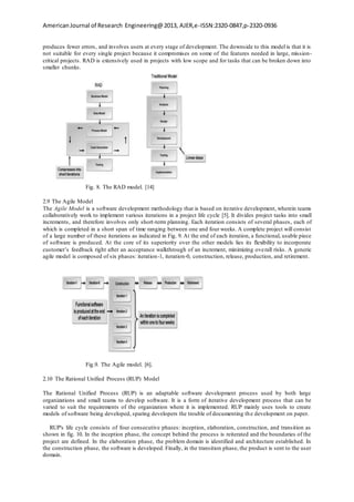 AmericanJournal of Research Engineering@2013, AJER,e-ISSN:2320-0847,p-2320-0936
produces fewer errors, and involves users at every stage of development. The downside to this model is that it is
not suitable for every single project because it compromises on some of the features needed in large, mission-
critical projects. RAD is extensively used in projects with low scope and for tasks that can be broken down into
smaller chunks.
Fig. 8. The RAD model. [14]
2.9 The Agile Model
The Agile Model is a software development methodology that is based on iterative development, wherein teams
collaboratively work to implement various iterations in a project life cycle [5]. It divides project tasks into small
increments, and therefore involves only short-term planning. Each iteration consists of several phases, each of
which is completed in a short span of time ranging between one and four weeks. A complete project will consist
of a large number of these iterations as indicated in Fig. 9. At the end of each iteration, a functional, usable piece
of software is produced. At the core of its superiority over the other models lies its flexibility to incorporate
customer’s feedback right after an acceptance walkthrough of an increment, minimizing overall risks. A generic
agile model is composed of six phases: iteration-1, iteration-0, construction, release, production, and retirement.
Fig.9. The Agile model. [6].
2.10 The Rational Unified Process (RUP) Model
The Rational Unified Process (RUP) is an adaptable software development process used by both large
organizations and small teams to develop software. It is a form of iterative development process that can be
varied to suit the requirements of the organization where it is implemented. RUP mainly uses tools to create
models of software being developed, sparing developers the trouble of documenting the development on paper.
RUP's life cycle consists of four consecutive phases: inception, elaboration, construction, and transition as
shown in fig. 10. In the inception phase, the concept behind the process is reiterated and the boundaries of the
project are defined. In the elaboration phase, the problem domain is identified and architecture established. In
the construction phase, the software is developed. Finally, in the transition phase, the product is sent to the user
domain.
 