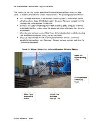 Off Road Biodiesel Demonstration – Agricultural Sector


The interim fuel blending system was utilized from the beginning of the demo until May
2010. At that time, the industrial system was completed. An operating description follows:

      B100 biodiesel was stored in the bulk tank previously used to inventory B5 blends.
      Ultra-low-sulphur diesel (ULSD) delivered by Clearview Agro was pumped from the
       delivery truck into a separate storage tank.
      Biodiesel and ULSD were then pumped from inventory, and a computer-controlled
       in-line turbo blending system mixed the appropriate blend, which was then stored in
       another tank.
      When blended fuel was needed, Clearview's delivery truck pulled beside the loading
       rack and filled from the tank storing the required blend.
      B100 fuel was sampled at each inventory replenishment interval. Diesel was
       sampled at each delivery from Clearview. Blended fuel was sampled each time the
       Clearview truck loaded.


          Figure 4 – Milligan Biotech Inc. Industrial Injection Blending System


                                                                             Diesel and
                                                                             Blends Holding
                                                                             Tanks




                                                                             Loading Rack to
                                                                             Fill Delivery
                                                                             Truck




             Blend Pump                           45,000 Litre
             and Control                          Biodiesel
             Station                              Storage Tank




Natural Resources Canada                                                                 17
 