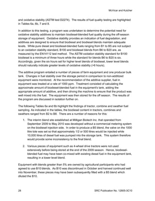 McVicar and Kutcher


and oxidative stability (ASTM test D2274). The results of fuel quality testing are highlighted
in Tables 6a, 6b, 7 and 8.

In addition to this testing, a program was undertaken to determine the potential need for
oxidative stability additives to maintain biodiesel-blended fuel quality during the off-season
storage of equipment. Oxidative stability provides an indication of fuel degradation, and
additives are designed to ensure that biodiesel and biodiesel blends maintain adequate
levels. While pure diesel and biodiesel-blended fuels ranging from B1 to B5 are not subject
to an oxidation stability standard, B100 and biodiesel blends from B6 to B20 are, as
measured by the EN14112 test method. The ASTM oxidation stability standard for B100
biodiesel is a minimum of three hours while the standard for blends B6 to B20 is six.
Accordingly, given the six hours set for higher level blends of biodiesel, lower level blends
should naturally indicate greater levels of oxidative stability (>6 hours).

The additive program entailed a number of pieces of farm equipment and one producer bulk
tank. Changes in fuel stability over the storage period in comparison to non-additized
equipment were monitored. At the recommendation of the additive supplier, fuel in
equipment was treated at a rate of 1000 ppm. Treatment consisted of calculating the
approximate amount of biodiesel-blended fuel in the equipment's tank, adding the
appropriate amount of additive, and then driving the machine to ensure that the product was
well mixed into the fuel. The equipment was then stored for the off season. The results of
the program are discussed in isolation further on.

The following Tables 6a and 6b highlight the findings of tractor, combine and swather fuel
sampling. As indicated in the tables, the biodiesel content in tractors, combines and
swathers ranged from B2 to B8. There are a number of reasons for this:

     1. The interim blend site established at Milligan Biotech Inc. that operated from
        September 2009 to May 2010 was developed without a commercial metering system
        on the biodiesel injection side. In order to produce a B5 blend, the valve on the 1000
        litre tote was set so that approximately 1/2 or 500 litres would be injected while
        10,000 litres of diesel fuel was pumped into the storage tank. This system therefore
        would provide some inconsistency to the final blend.

     2. Various pieces of equipment such as 4-wheel drive tractors were not used
        extensively before being stored at the end of the 2009 season. Hence, biodiesel-
        blended fuel may have been co-mixed with existing diesel fuel in the equipment tank,
        resulting in a lower level blend.

Equipment with blends greater than 5% are owned by agricultural participants who had
agreed to use B10 blends. As B10 was discontinued in October and harvest continued well
into November, these pieces may have been subsequently filled with a B5 blend which
diluted the B10.




28                                                             SRC Publication No. 12805-3C10
 