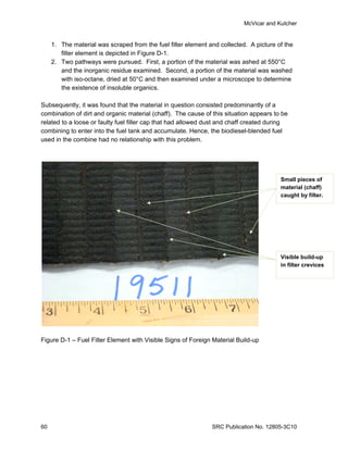 McVicar and Kutcher


     1. The material was scraped from the fuel filter element and collected. A picture of the
        filter element is depicted in Figure D-1.
     2. Two pathways were pursued. First, a portion of the material was ashed at 550°C
        and the inorganic residue examined. Second, a portion of the material was washed
        with iso-octane, dried at 50°C and then examined under a microscope to determine
        the existence of insoluble organics.

Subsequently, it was found that the material in question consisted predominantly of a
combination of dirt and organic material (chaff). The cause of this situation appears to be
related to a loose or faulty fuel filler cap that had allowed dust and chaff created during
combining to enter into the fuel tank and accumulate. Hence, the biodiesel-blended fuel
used in the combine had no relationship with this problem.




                                                                                        Small pieces of
                                                                                        material (chaff)
                                                                                        caught by filter.




                                                                                        Visible build-up
                                                                                        in filter crevices




Figure D-1 – Fuel Filter Element with Visible Signs of Foreign Material Build-up




60                                                             SRC Publication No. 12805-3C10
 