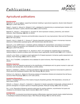 P u b l i c a t i o n s
Agricultural publications
Bioinformatics
McCarthy F. M., et al. AgBase: supporting functional modeling in agricultural organisms. Nucleic Acids Research
39(suppl 1):D497-506 (2011).
Ogata Y., Suzuki H., Sakurai N., Shibata D. CoP: a database for characterizing co-expressed gene modules with
biological information in plants. Bioinformatics 26(9):1267-8 (2010).
Baginsky S., Hennig L., Zimmermann P., Gruissem W. Gene expression analysis, proteomics, and network
discovery. Plant Physiology 152:402-10 (2010).
Mochida K., Shinozaki K. Genomics and bioinformatics resources for crop improvement. Plant and Cell Physiology
51(4):497–523 (2010).
Zeisel A., Amir A., Köstler W. J., Domany E. Intensity dependent estimation of noise in microarrays improves
detection of differentially expressed genes. BMC Bioinformatics 11:400 (2010).
Sakurai N., et al. KaPPA-View4: a metabolic pathway database for representation and analysis of correlation
networks of gene co-expression and metabolite co-accumulation and omics data. Nucleic Acids Research
39(suppl 1):D677-84 (2011).
Watson-Haigh N. S., Kadarmideen H. N., Reverter A. PCIT: an R package for weighted gene co-expression
networks based on partial correlation and information theory approaches. Bioinformatics 26(3):411-3 (2010).
Lohse M., et al. Robin: an intuitive wizard application for R-based expression microarray quality assessment and
analysis. Plant Physiology 153(2):642-51 (2010).
Dai X., et al. TrichOME: a comparative omics database for plant trichomes. Plant Physiology 152(1):44–54
(2010).
Multiple organisms
Oikawa A., et al. An integrative approach to the identification of Arabidopsis and rice genes involved in xylan and
secondary wall development. PLoS One 5(11):e15481 (2010).
Narsai R., Castleden I., Whelan J. Common and distinct organ and stress responsive transcriptomic patterns in
Oryza sativa and Arabidopsis thaliana. BMC Plant Biology 10:262 (2010).
Dinkins, R. D., Barnes A., Waters W. Microarray analysis of endophyte-infected and endophyte-free tall fescue.
Journal of Plant Physiology 167(14):1197-1203 (2010).
Anopheles/Plasmodium
White B. J. Ecological genomics of the malaria mosquito Anopheles gambiae. PhD dissertation, University of
Notre Dame (2010).
White B. J., Cheng C., Simard F., Costantini C., Besansky N. Genetic association of physically unlinked islands of
genomic divergence in incipient species of Anopheles gambiae. Molecular Ecology 19(5):925–39 (2010).
Mu J., et al. Plasmodium falciparum genome-wide scans for positive selection, recombination hot spots and
resistance to antimalarial drugs. Nature Genetics 42(3):268-71 (2010).
Arabidoposis
Das, Ma., et al. A composite transcriptional signature differentiates responses towards closely related herbicides
in Arabidopsis thaliana and Brassica napus. Plant Molecular Biology 72(4-5):545-56 (2010).
 