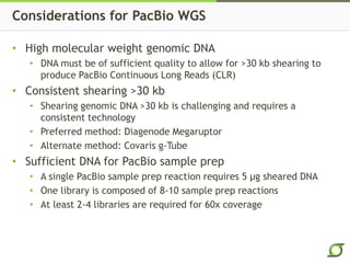 Considerations for PacBio WGS
• High molecular weight genomic DNA
• DNA must be of sufficient quality to allow for >30 kb shearing to
produce PacBio Continuous Long Reads (CLR)
• Consistent shearing >30 kb
• Shearing genomic DNA >30 kb is challenging and requires a
consistent technology
• Preferred method: Diagenode Megaruptor
• Alternate method: Covaris g-Tube
• Sufficient DNA for PacBio sample prep
• A single PacBio sample prep reaction requires 5 μg sheared DNA
• One library is composed of 8-10 sample prep reactions
• At least 2-4 libraries are required for 60x coverage
 