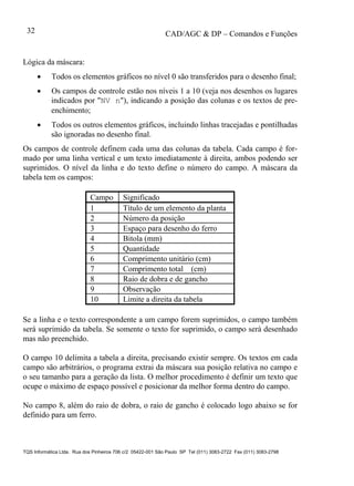 CAD/AGC & DP – Comandos e Funções
TQS Informática Ltda. Rua dos Pinheiros 706 c/2 05422-001 São Paulo SP Tel (011) 3083-2722 Fax (011) 3083-2798
32
Lógica da máscara:
 Todos os elementos gráficos no nível 0 são transferidos para o desenho final;
 Os campos de controle estão nos níveis 1 a 10 (veja nos desenhos os lugares
indicados por "NV n"), indicando a posição das colunas e os textos de pre-
enchimento;
 Todos os outros elementos gráficos, incluindo linhas tracejadas e pontilhadas
são ignoradas no desenho final.
Os campos de controle definem cada uma das colunas da tabela. Cada campo é for-
mado por uma linha vertical e um texto imediatamente à direita, ambos podendo ser
suprimidos. O nível da linha e do texto define o número do campo. A máscara da
tabela tem os campos:
Campo Significado
1 Título de um elemento da planta
2 Número da posição
3 Espaço para desenho do ferro
4 Bitola (mm)
5 Quantidade
6 Comprimento unitário (cm)
7 Comprimento total (cm)
8 Raio de dobra e de gancho
9 Observação
10 Limite a direita da tabela
Se a linha e o texto correspondente a um campo forem suprimidos, o campo também
será suprimido da tabela. Se somente o texto for suprimido, o campo será desenhado
mas não preenchido.
O campo 10 delimita a tabela a direita, precisando existir sempre. Os textos em cada
campo são arbitrários, o programa extrai da máscara sua posição relativa no campo e
o seu tamanho para a geração da lista. O melhor procedimento é definir um texto que
ocupe o máximo de espaço possível e posicionar da melhor forma dentro do campo.
No campo 8, além do raio de dobra, o raio de gancho é colocado logo abaixo se for
definido para um ferro.
 
