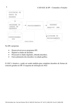 CAD/AGC & DP – Comandos e Funções
TQS Informática Ltda. Rua dos Pinheiros 706 c/2 05422-001 São Paulo SP Tel (011) 3083-2722 Fax (011) 3083-2798
2
PROCESSAMENTO
DESENHO
ARQUIVO .DWG
LISTAGEM DO
PROCESSAMENTO
PROGRAMA DP
DPS
SUBPROGRAMAS
DIGITACAO DE
DADOS DE
DESENHO
(DADOS DE
DESENHO)
BIBLIOTECA
No DP o projetista:
 Desenvolverá novos programas DP;
 Digitará os dados de desenho;
 Processará os dados digitados, obtendo desenhos;
 Fará acabamento dos desenhos via edição gráfica.
O AGC é iterativo, e pode ser usado também para completar desenhos de formas de
concreto gerados no DP. O esquema de utilização do AGC:
 
