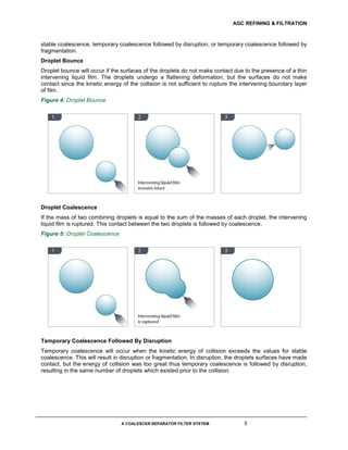 AGC REFINING & FILTRATION
A COALESCER-SEPARATOR FILTER SYSTEM 5
stable coalescence, temporary coalescence followed by disruption, or temporary coalescence followed by
fragmentation.
Droplet Bounce
Droplet bounce will occur if the surfaces of the droplets do not make contact due to the presence of a thin
intervening liquid film. The droplets undergo a flattening deformation, but the surfaces do not make
contact since the kinetic energy of the collision is not sufficient to rupture the intervening boundary layer
of film.
Figure 4: Droplet Bounce
Droplet Coalescence
If the mass of two combining droplets is equal to the sum of the masses of each droplet, the intervening
liquid film is ruptured. This contact between the two droplets is followed by coalescence.
Figure 5: Droplet Coalescence
Temporary Coalescence Followed By Disruption
Temporary coalescence will occur when the kinetic energy of collision exceeds the values for stable
coalescence. This will result in disruption or fragmentation. In disruption, the droplets surfaces have made
contact, but the energy of collision was too great thus temporary coalescence is followed by disruption,
resulting in the same number of droplets which existed prior to the collision.
 
