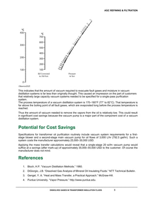AGC REFINING & FILTRATION
DISSOLVED GASES IN TRANSFORMER INSULATION FLUIDS 6
This indicates that the amount of vacuum required to evacuate fault gases and moisture in vacuum
distillation systems is far less than originally thought. This caused an impression on the part of customers
that relatively large capacity vacuum systems needed to be specified for a single-pass purification
system.
The process temperature of a vacuum distillation system is 170–180°F (77° to 82°C). That temperature is
far above the boiling point of all fault gases, which are evaporated long before the process temperature is
reached.
Thus the amount of vacuum needed to remove the vapors from the oil is relatively low. This could result
in significant cost savings because the vacuum pump is a major part of the component cost of a vacuum
distillation system.
Potential for Cost Savings
Specifications for transformer oil purification routinely include vacuum system requirements for a first-
stage blower and a second-stage main vacuum pump for oil flows of 3,000 L/hr (792.5 gal/hr). Such a
system costs the manufacturer approximately 25,000–30,000 USD.
Applying the mass transfer calculations would reveal that a single-stage 20 scfm vacuum pump would
suffice at a savings (after mark-up) of approximately 35,000–55,000 USD to the customer. Of course the
manufacturer does not mind.
References
1. Bloch, H.P. “Vacuum Distillation Methods.” 1960.
2. DiGiorgio, J.B. “Dissolved Gas Analysis of Mineral Oil Insulating Fluids.” NTT Technical Bulletin.
3. Gengel, Y. A. “Heat and Mass Transfer, a Practical Approach.” McGraw-Hill.
4. Purdue University. “Vapor Pressure.” http://www.purdue.edu.
 