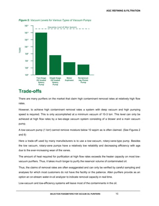 AGC REFINING & FILTRATION
SELECTION PARAMETERS FOR VACUUM OIL PURIFIERS 10
Figure 5: Vacuum Levels for Various Types of Vacuum Pumps
Trade-offs
There are many purifiers on the market that claim high contaminant removal rates at relatively high flow
rates.
However, to achieve high contaminant removal rates a system with deep vacuum and high pumping
speed is required. This is only accomplished at a minimum vacuum of 10-3 torr. This level can only be
achieved at high flow rates by a two-stage vacuum system consisting of a blower and a main vacuum
pump.
A low-vacuum pump (1 torr) cannot remove moisture below 10 wppm as is often claimed. (See Figures 2
and 6)
Here a trade-off used by many manufacturers is to use a low-vacuum, rotary-vane-type pump. Besides
the low vacuum, rotary-vane pumps have a relatively low reliability and decreasing efficiency with age
due to the ever-increasing wear of the vanes.
The amount of heat required for purification at high flow rates exceeds the heater capacity on most low-
vacuum purifiers. Thus, it takes much longer to purify the reservoir volume of contaminated oil.
Thus, the claims of removal rates are often exaggerated and can only be verified by careful sampling and
analyses for which most customers do not have the facility or the patience. Allen purifiers provide as an
option an on-stream water-in-oil analyzer to indicate removal capacity in real time.
Low-vacuum and low-efficiency systems will leave most of the contaminants in the oil.
 