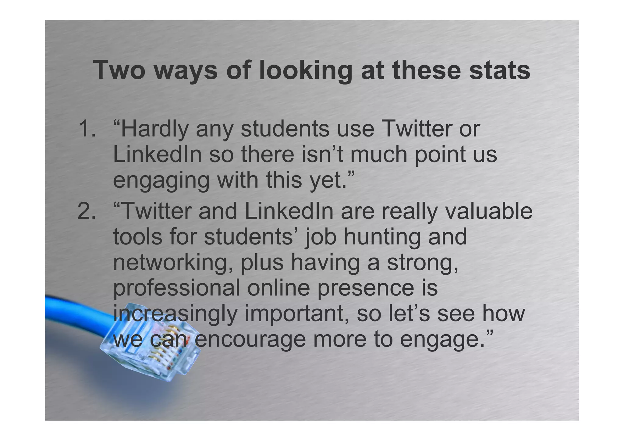 Two ways of looking at these stats

1. “Hardly any students use Twitter or
   LinkedIn so there isn’t much point us
   engaging with this yet.”
2. “Twitter and LinkedIn are really valuable
   tools for students’ job hunting and
   networking, plus having a strong,
   professional online presence is
   increasingly important, so let’s see how
   we can encourage more to engage.”
 
