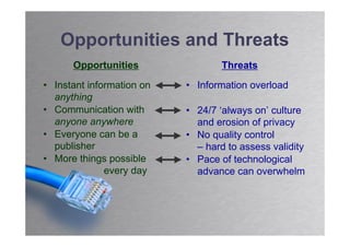 Opportunities and Threats
      Opportunities                Threats
• Instant information on   • Information overload
  anything
• Communication with       • 24/7 ‘always on’ culture
  anyone anywhere            and erosion of privacy
• Everyone can be a        • No quality control
  publisher                  – hard to assess validity
• More things possible     • Pace of technological
              every day      advance can overwhelm
 