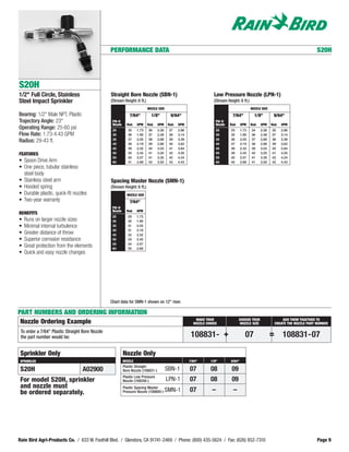 PERFORMANCE DATA                                                                                                                      S20H




S20H
1/2" Full Circle, Stainless                      Straight Bore Nozzle (SBN-1)                                        Low Pressure Nozzle (LPN-1)
Steel Impact Sprinkler                           (Stream Height: 6 ft.)                                              (Stream Height: 6 ft.)
                                                                           NOZZLE SIZE                                                        NOZZLE SIZE
Bearing: 1/2" Male NPT, Plastic                                7/64"         1/8"          9/64"                                7/64"           1/8"         9/64"
Trajectory Angle: 23°                             PSI @                                                               PSI @
                                                  Nozzle     Rad.   GPM    Rad.    GPM    Rad.   GPM                  Nozzle   Rad.    GPM    Rad.   GPM    Rad.   GPM
Operating Range: 25-60 psi                        25          35    1.73   36      2.26    37    2.86                 25       33      1.73   34     2.26   35     2.86
Flow Rate: 1.73-4.43 GPM                          30          36    1.90   37      2.48    38    3.14                 30       35      1.90   36     2.48   37     3.14
                                                  35          37    2.05   38      2.68    39    3.39                 35       36      2.05   37     2.68   38     3.39
Radius: 29-43 ft.                                 40          38    2.19   39      2.86    40    3.62                 40       37      2.19   38     2.86   39     3.62
                                                  45          39    2.32   40      3.03    41    3.84                 45       38      2.32   39     3.03   40     3.84
FEATURES                                          50          40    2.45   41      3.20    42    4.05                 50       39      2.45   40     3.20   41     4.05
                                                  55          40    2.57   41      3.35    42    4.24                 55       40      2.57   41     3.35   42     4.24
• Spoon Drive Arm                                 60          41    2.68   42      3.50    43    4.43                 60       40      2.68   41     3.50   42     4.43
• One piece, tubular stainless
  steel body
• Stainless steel arm                            Spacing Master Nozzle (SMN-1)
• Hooded spring                                  (Stream Height: 6 ft.)
• Durable plastic, quick-fit nozzles                         NOZZLE SIZE
• Two-year warranty                                            7/64"
                                                  PSI @
                                                  Nozzle     Rad.   GPM
BENEFITS
                                                  25          29    1.73
•   Runs on larger nozzle sizes                   30          30    1.90
•   Minimal internal turbulence                   35          31    2.05
                                                  40          31    2.19
•   Greater distance of throw                     45          32    2.32
•   Superior corrosion resistance                 50          33    2.45
                                                  55          34    2.57
•   Great protection from the elements            60          35    2.68
•   Quick and easy nozzle changes




                                                 Chart data for SMN-1 shown on 12" riser.

PART NUMBERS AND ORDERING INFORMATION
                                                                                                           MAKE YOUR                  CHOOSE YOUR                   ADD THEM TOGETHER TO
 Nozzle Ordering Example                                                                                  NOZZLE CHOICE                NOZZLE SIZE              CREATE THE NOZZLE PART NUMBER

 To order a 7/64" Plastic Straight Bore Nozzle
 the part number would be:                                                                               108831- +                        07                =       108831-07

 Sprinkler Only                                            Nozzle Only
 SPRINKLER                                                 NOZZLE                                       7/64"      1/8"        9/64"
                                                           Plastic Straight
 S20H                             A02900                   Bore Nozzle (108831-)          SBN-1         07         08           09
                                                           Plastic Low Pressure
 For model S20H, sprinkler                                 Nozzle (109248-)               LPN-1         07         08           09
 and nozzle must                                           Plastic Spacing Master
 be ordered separately.                                    Pressure Nozzle (108800-) SMN-1              07          –            –




Rain Bird Agri-Products Co. / 633 W. Foothill Blvd. / Glendora, CA 91741-2469 / Phone: (800) 435-5624 / Fax: (626) 852-7310                                                            Page 9
 