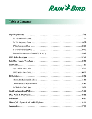 Table of Contents



Impact Sprinklers . . . . . . . . . . . . . . . . . . . . . . . . . . . . . . . . . . . . . . . . . . . . . . . . . . . . . . . . . . . . . . .3-46

       ½" Performance Data . . . . . . . . . . . . . . . . . . . . . . . . . . . . . . . . . . . . . . . . . . . . . . . . . . . . . . . .7-27

       ¾" Performance Data . . . . . . . . . . . . . . . . . . . . . . . . . . . . . . . . . . . . . . . . . . . . . . . . . . . . . .28-37

       1" Performance Data . . . . . . . . . . . . . . . . . . . . . . . . . . . . . . . . . . . . . . . . . . . . . . . . . . . . . . .38-39

       1 ¼" Performance Data . . . . . . . . . . . . . . . . . . . . . . . . . . . . . . . . . . . . . . . . . . . . . . . . . . . . .40-42

       General Performance Data (1/2" & 3/4") . . . . . . . . . . . . . . . . . . . . . . . . . . . . . . . . . . . . . .43-46

808A Series Tech Spec . . . . . . . . . . . . . . . . . . . . . . . . . . . . . . . . . . . . . . . . . . . . . . . . . . . . . . . . . .47-48

Rain Flow Nozzles Tech Spec . . . . . . . . . . . . . . . . . . . . . . . . . . . . . . . . . . . . . . . . . . . . . . . . . . . .49-50

Rain Guns . . . . . . . . . . . . . . . . . . . . . . . . . . . . . . . . . . . . . . . . . . . . . . . . . . . . . . . . . . . . . . . . . . . . .51-59

       3000 Series Rain Guns . . . . . . . . . . . . . . . . . . . . . . . . . . . . . . . . . . . . . . . . . . . . . . . . . . . . . .52-55

       2000 Series Rain Guns . . . . . . . . . . . . . . . . . . . . . . . . . . . . . . . . . . . . . . . . . . . . . . . . . . . . . .56-59

PC Dripline . . . . . . . . . . . . . . . . . . . . . . . . . . . . . . . . . . . . . . . . . . . . . . . . . . . . . . . . . . . . . . . . . . . .60-72

        16mm Product Specifications . . . . . . . . . . . . . . . . . . . . . . . . . . . . . . . . . . . . . . . . . . . . . . .64-66

        20mm Product Specifications . . . . . . . . . . . . . . . . . . . . . . . . . . . . . . . . . . . . . . . . . . . . . . .67-69

        PC Dripline Tech Spec . . . . . . . . . . . . . . . . . . . . . . . . . . . . . . . . . . . . . . . . . . . . . . . . . . . . . .70-72

Cast Iron Agricultural Valves . . . . . . . . . . . . . . . . . . . . . . . . . . . . . . . . . . . . . . . . . . . . . . . . . . . . .73-81

PGA, PESB, & BPES Valves . . . . . . . . . . . . . . . . . . . . . . . . . . . . . . . . . . . . . . . . . . . . . . . . . . . . . . .82-85

Controllers . . . . . . . . . . . . . . . . . . . . . . . . . . . . . . . . . . . . . . . . . . . . . . . . . . . . . . . . . . . . . . . . . . . .86-90

Micro-Quick Sprays & Micro-Bird Spinners . . . . . . . . . . . . . . . . . . . . . . . . . . . . . . . . . . . . . . . .91-96

Accessories . . . . . . . . . . . . . . . . . . . . . . . . . . . . . . . . . . . . . . . . . . . . . . . . . . . . . . . . . . . . . . . . . . . .97-99
 