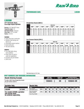 PERFORMANCE DATA                                                                                                                                    L3030H




L3030H
3/4" Full Circle, Brass,                       Straight Bore Nozzle (SBN-3)
Low Angle Impact Sprinkler                                                                                             NOZZLE SIZE

                                                            9/64"          5/32"        11/64"         3/16"           13/64"          7/32"           15/64"             1/4"        17/64"
Bearing: 3/4" Male NPT, Brass                   PSI @
Trajectory Angle: 10°                           Nozzle     Rad.   GPM    Rad.   GPM    Rad.   GPM    Rad.    GPM    Rad.      GPM    Rad.     GPM     Rad.   GPM     Rad.    GPM    Rad.    GPM
                                                40         42     3.60    43    4.40    43    5.30    44     6.30      45     7.60    45  8.90        45     10.00    45    11.40    45    12.40
Operating Range: 25-60 psi                      45         43     3.80    43    4.70    44    5.60    45     6.60      45     8.10    45  9.40        45     10.60    46    12.10    46    13.10
Flow Rate: 2.9-15.9 GPM                         50         43     4.00    44    4.90    45    5.90    45     7.00      46     8.50    46  9.90        46     11.10    46    12.80    46    13.80
Radius: 34-48 ft.                               55         44     4.20    45    5.20    45    6.20    45     7.30      46     8.90    46 10.30        46     11.80    47    13.50    47    15.20
                                                60         45     4.40    45    5.40    45    6.50    46     7.80      46     9.30    47 10.80        47     12.40    47    14.10    48    15.90

FEATURES
• Heavy duty brass construction
• Stainless steel springs and                  Low Pressure Nozzle (LPN-3)
  fulcrum pin                                                                                                                  NOZZLE SIZE

• Chemically resistant washers                              9/64"         5/32"         11/64"         3/16"           13/64"          7/32"          15/64"              1/4"       17/64"               9/32"
• Dual nozzle ports                            PSI @
                                               Nozzle     Rad.    GPM    Rad.   GPM    Rad.   GPM    Rad.    GPM    Rad.     GPM     Rad.     GPM     Rad.GPM        Rad.GPM        Rad. GPM       Rad. GPM
• Two-year warranty                            25          34     2.90   35     3.50   35     4.20    36     5.00    36      5.80    35       6.60    35   7.50      36      8.50   36      9.50     36    10.50
                                               30          35     3.20   35     3.90   36     4.60    36     5.40    37      6.30    37       7.30     37 8.20       37      9.30   38     10.40     38    11.50
                                               35          35     3.40   36     4.20   36     5.00    37     5.90    37      6.80    38       7.80     38 8.90       38     10.00   39     11.20     38    12.40
BENEFITS                                       40          35     3.70   36     4.50   37     5.30    37     6.30    37      7.30    38       8.40     38 9.50       39     10.70   39     12.00     40    13.30
• Low angle fights strong                      45          36     3.90   36     4.70   37     5.70    37     6.70    36      7.70    38       8.90     38 10.10      39     11.40   39     12.70     40    14.10
                                               50          36     4.10   36     5.00   37     6.00    37     7.00    36      8.20    38       9.40     38 10.60      39     12.00   39     13.40     40    14.80
  wind conditions
• Great choice for pivot or
  under tree applications
• Corrosion and grit resistant
• Built to last




                                               Chart data shown on 10 ft. riser.

PART NUMBERS AND ORDERING INFORMATION
                                                                                                            MAKE YOUR                         CHOOSE YOUR                    ADD THEM TOGETHER TO
 Nozzle Ordering Example                                                                                   NOZZLE CHOICE                       NOZZLE SIZE               CREATE THE NOZZLE PART NUMBER

 To order a 9/64" Brass Straight Bore Nozzle
 the part number would be:                                                                             105842- +                                     09              =          105842-09

 Sprinkler Only                                          Nozzle Only
 SPRINKLER                                               NOZZLE                                      9/64"     5/32"        11/64"    3/16"      13/64"      7/32"     15/64"       1/4"       17/64"      9/32"
                                                         Brass Straight
 L3030H                           A11640                 Bore Nozzle (105842-)         SBN-3         09         10           11        12            13       14           15       16          17          –
                                                         Brass Low Pressure
 For model L3030H, sprinkler                             Nozzle (104538-)              LPN-3         09         10           11        12            13       14           15       16          17         18
 and nozzle must                                         Brass Plug (100289)
 be ordered separately.




Rain Bird Agri-Products Co. / 633 W. Foothill Blvd. / Glendora, CA 91741-2469 / Phone: (800) 435-5624 / Fax: (626) 852-7310                                                                             Page 23
 