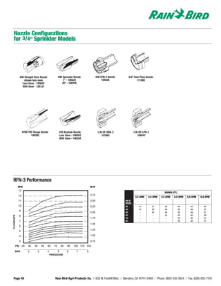 Nozzle Configurations
 for 3/4" Sprinkler Models




            #30 Straight Bore Nozzle               #30 Spreader Nozzle              #30 LPN-3 Nozzle        3/4" Rain Flow Nozzle
                shown less vane                        7° - 100225                       104538                    111089
              Less Vane - 105842                      20° - 100226
              With Vane - 106131




                #70E/70C Range Nozzle              #35 Keyhole Nozzle                L36 QF-SBN-3               L36 QF-LPN-3
                       100382                      Less Vane - 106353                   107881                     109247
                                                   With Vane - 106354




RFN-3 Performance
           GPM                                                               M3/H
                                                                             M3/H
           13
                                                                                                                                        RADIUS (FT.)
           12                                                                2.75
                                                                                                                 3.5 GPM    4.0 GPM   4.5 GPM    5.0 GPM    5.5 GPM   6.0 GPM
           11                                                                2.50                      PSI @
                                                                                                       Nozzle
           10                                                                2.25                      30            41        41       43             44     44        45
                                                                                                       40            41        42       44             45     46        47
           9
                                                                             2.00                      50             -        42       44             45     46        47
                                                                                                       60             -         -       44             45     46        48
FLOWRATE




           8
                                                                             1.75                      70             -         -        -             45     46        47
           7                                                                                           80             -         -        -             45     46        47
                                                                             1.50
           6
                                                                             1.25
           5

           4                                                                 1.00

           3                                                                 0.75
      PSI 20        30    40       50   60    70     80   90    100 110 120

     BAR            2          3        4        5        6       7      8
                                            PRESSURE




 Page 40                                       Rain Bird Agri-Products Co. / 633 W. Foothill Blvd. / Glendora, CA 91741-2469 / Phone: (800) 435-5624 / Fax: (626) 852-7310
 