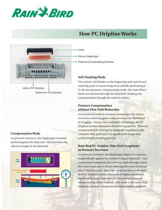 How PC Dripline Works

                                                      Cover

                                                      Silicone Diaphragm

                                                      Pressure-Compensating Chamber




                                                      Self-Flushing Mode
                                                      The emitter self-flushes at the beginning and end of each
                                                      watering cycle to assure long-term reliable performance.
            Inlet to PC Chamber
                                                      In the pre-pressure compensating mode, the water flows
                       Outlet from PC Chamber
                                                      freely around and through the labyrinth, flushing any
                                                      contamination through the emitter outlets.


                                                      Pressure Compensation
                                                      without Flow Path Reduction
                                                      Conventional emitters pressure compensate by using a
                                                      restrictive metering groove that increases the likelihood
                                                      of clogging. Using a new, patented technology, the PC
                                                      Dripline emitter eliminates the metering groove. Pressure
                                                      compensation is achieved by gradually lengthening the
Compensation Mode                                     turbulent flow path which is significantly larger than
As pressure increases, the diaphragm is further       conventional metering grooves.
pushed against the labyrinth. This increases the
effective length of the labyrinth.                    Rain Bird PC Dripline Flow Path Lengthens
                                                      as Pressure Increases
                                                      As pressure increases, the diaphragm begins to compress
    Top                                               longitudinally against the emitter’s sloped labyrinth. This
    V iew
                                                      compression lengthens the torturous path through which
                                                      the water must pass without reducing the cross-sectional
 Effective length of                                  size of the flow path. The cross-sectional area of the Rain
     Labyrinth

                                                PSI
                                                      Bird PC Dripline emitter flow path at higher pressure is
                                                      significantly larger than that of conventional pressure
    Side
    V iew                                             compensating inline emitters. The result is the most clog-
                                                      resistant, pressure compensating inline emitter available.
 