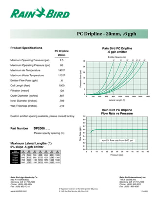PC Dripline - 20mm, .6 gph

Product Specifications                                                                                                                       Rain Bird PC Dripline
                                                      PC Dripline                                                                               .6 gph emitter
                                                        20mm
                                                                                                                                                      Emitter Spacing (in)
Minimum Operating Pressure (psi)                              8.5                                                 30
                                                                                                                                                           18"          24"    30"   36"    40" 42"     48"



Maximum Operating Pressure (psi)                              60                                                  25

Maximum Air Temperature                                  140°F


                                                                                            Pressure Loss (psi)
                                                                                                                  20
Maximum Water Temperature                                110°F
                                                                                                                  15
Emitter Flow Rate (gph)                                        .6
                                                                                                                  10
Coil Length (feet)                                       1000
                                                                                                                   5
Filtration (mesh)                                            120
                                                                                                                   0
Outer Diameter (inches)                                      .807                                                       0   200        400      600       800         1000    1200   1400      1600           1800

Inner Diameter (inches)                                      .709                                                                                     Lateral Length (ft)

Wall Thickness (inches)                                      .049
                                                                                                                                             Rain Bird PC Dripline
                                                                                                                                             Flow Rate vs Pressure
Custom emitter spacing available, please consult factory.                                                         1.0
                                                                                                                  0.9
                                                                                                                  0.8
                                                                                                                  0.7
                                                                                          Flow Rate (gph)




Part Number                DP2006 _ _                                                                             0.6

                           Please specify spacing (in)                                                            0.5
                                                                                                                  0.4
                                                                                                                  0.3
                                                                                                                                             +or-5% flow rate from 8-60 psi
                                                                                                                  0.2
Maximum Lateral Lengths (ft)
                                                                                                                  0.1
0% slope .6 gph emitter
                                                                                                                  0.0
   Inlet     18     24     30     36     40     42     48                                                               0   5     10     15      20      25      30      35    40    45     50        55       60
 Pressure   inch   inch   inch   inch   inch   inch   inch
 15   psi   470 590       700     800    860   900    1000                                                                                              Pressure (psi)
 25   psi   640 810       960    1110   1200   1240   1380
 35   psi   760 960       1140   1310   1450   1480   1630
 45   psi   850 1080      1280   1470   1590   1650   1820




Rain Bird Agri-Products Co.                                                                                                                                            Rain Bird International, Inc.
633 W. Foothill Blvd.                                                                                                                                                  145 N. Grand Ave.
Glendora, CA 91741-2469                                                                                                                                                Glendora, CA 91741-2469
Phone: (800) 435-5624                                                                                                                                                  Phone: (626) 963-9311
Fax: (626) 852-7310                                                                                                                                                    Fax: (626) 963-4287
                                                             ® Registered trademark of Rain Bird Sprinkler Mfg. Corp.
www.rainbird.com                                             © 1999 Rain Bird Sprinkler Mfg. Corp. 3/99                                                                                               PN L203
 