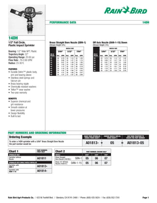 PERFORMANCE DATA                                                                                                                        14DH




14DH
1/2" Full Circle,                                        Brass Straight Bore Nozzle (SBN-1)                              Off Axis Nozzle (OAN-1-15) Down
Plastic Impact Sprinkler                                 (Stream Height: 6 ft.)                                          (Stream Height: 3 ft.)
                                                                                   NOZZLE SIZE                                                    NOZZLE SIZE

Bearing: 1/2" Male NPT, Plastic                                       5/64"         3/32"         7/64"                              5/64"         3/32"         7/64"
Trajectory Angle: 22°                                     PSI @
                                                          Nozzle    Rad.    GPM    Rad.   GPM    Rad.   GPM
                                                                                                                          PSI @
                                                                                                                          Nozzle   Rad.    GPM    Rad.   GPM    Rad.   GPM
Operating Range: 20-60 psi                                20         30     0.79   33     1.14   34     1.55              20         23    0.79   26     1.14   27     1.55
Flow Rate: .79-2.68 GPM                                   25         31     0.88   33     1.27   35     1.73              25         25    0.88   27     1.27   29     1.73
                                                          30         31     0.97   34     1.39   35     1.90              30         27    0.97   30     1.39   31     1.90
Radius: 23-38 ft.                                         35         32     1.05   34     1.50   36     2.05              35         28    1.05   31     1.50   32     2.05
                                                          40         32     1.12   35     1.61   36     2.19              40         29    1.12   31     1.61   33     2.19
                                                          45         33     1.19   35     1.71   37     2.32              45         30    1.19   32     1.71   34     2.32
FEATURES
                                                          50         33     1.25   36     1.80   37     2.45              50         30    1.25   33     1.80   34     2.45
• Durable Delrin™ plastic body,                           55         34     1.31   36     1.89   38     2.57
  arm and bearing sleeve                                  60         34     1.37   37     1.97   38     2.68

• Stainless steel springs and
  fulcrum pin
• Brass bearing nipple
• Chemically resistant washers
• Teflon™ wear washer
• Two-year warranty

BENEFITS
• Superior chemical and
  grit resistance
• Smooth rotation at
  lower pressures
• Design flexibility
• Built to last




PART NUMBERS AND ORDERING INFORMATION
                                                                                                               MAKE YOUR SPRINKLER        CHOOSE NOZZLE SIZE (S)               ADD THEM TOGETHER TO
 Ordering Example                                                                                              CHOICE FROM CHART I           FROM CHART 2                     CREATE THE PART NUMBER

 To order a 14DH sprinkler with a 5/64" Brass Straight Bore Nozzle
 the part number would be:                                                                                      A01813- +                          05                =         A01813-05
                                          PART NUMBER:
 Chart 1                                  FIRST HALF               Chart 2                                       PART NUMBER: SECOND HALF
 SPRINKLER ONLY                                                    NOZZLE                                       5/64"      3/32"          7/64"
 Sprinkler without                                                 Brass Straight
 Nozzle                                   A01811                   Bore Nozzle (105780-)         SBN-1          05         06             07
                                                                   Brass 15° Off Axis
 SPRINKLER WITH SINGLE NOZZLE INSTALLED
                                                                   Nozzle (103513-)        OAN-1-15             05         06             07
 Sprinkler with
 SBN-1                                    A01813-
 Sprinkler with
 OAN-1-15                                 A01814-




Rain Bird Agri-Products Co. / 633 W. Foothill Blvd. / Glendora, CA 91741-2469 / Phone: (800) 435-5624 / Fax: (626) 852-7310                                                                      Page 1
 