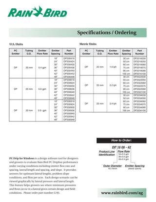 Specifications / Ordering

U.S. Units                                                    Metric Units

   PC        Tubing     Emitter    Emitter      Part             PC       Tubing      Emitter       Emitter       Part
  Emitter     O.D.     Flow Rate   Spacing     Number           Emitter    O.D.      Flow Rate      Spacing      Number

                                      18”     DP200418                                               30 cm     DP2016030
                                      24”     DP200424                                               50 cm     DP2016050
                                      30”     DP200430                                               60 cm     DP2016060
    DP        20 mm     0.4 gph       36”     DP200436            DP         20 mm     1.6 lph       75 cm     DP2016075
                                      40”     DP200440                                               90 cm     DP2016090
                                      42”     DP200442                                              100 cm     DP2016100
                                      48”     DP200448                                               30 cm     DP2022030
                                      18”     DP200618                                               50 cm     DP2022050
                                      24”     DP200624                                               60 cm     DP2022060
                                      30”     DP200630            DP         20 mm     2.2 lph       75 cm     DP2022075
    DP        20 mm     0.6 gph       36”     DP200636                                               90 cm     DP2022090
                                      40”     DP200640                                              100 cm     DP2022100
                                      42”     DP200642                                               30 cm     DP2034030
                                      48”     DP200648                                               50 cm     DP2034050
                                      18”     DP200918                                               60 cm     DP2034060
                                      24”     DP200924            DP         20 mm     3.4 lph       75 cm     DP2034075
                                      30”     DP200930                                               90 cm     DP2034090
    DP        20 mm     0.9 gph       36”     DP200936                                              100 cm     DP2034100
                                      40”     DP200940
                                      42”     DP200942
                                      48”     DP200948




                                                                                         How to Order:

                                                                                         DP 16 06 - 42
                                                                              Product Line       Flow Rate
                                                                              Identification     04=0.4 gph
                                                                                                 06=0.6 gph
PC Drip for Windows is a design software tool for designers                                      09=0.9 gph
and growers to evaluate Rain Bird PC Dripline performance
under varying conditions including emitter flow rate and                         Outer Diameter        Emitter Spacing
                                                                                      16=16mm             please specify
spacing, lateral length and spacing, and slope. It provides
answers for optimum lateral lengths, problem slope
conditions, and flow per acre. Each design scenario can be
viewed graphically by lateral pressure and lateral length.
This feature helps growers see where minimum pressures
and flows occur in a lateral given certain design and field
conditions. Please order part number L195.                                      www.rainbird.com/ag
 