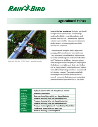 Agricultural Valves


                                                                    Rain Bird’s Cast Iron Valves, designed specifically
                                                                    for agricultural applications, combine high
                                                                    quality, affordability, ease of installation and
                                                                    durable construction. These features, together
                                                                    with the support of the industry’s most capable
                                                                    dealer network, will assure years of reliable,
                                                                    trouble-free operation.


                                                                    These valves are designed with a large water
                                                                    passage, which results in low pressure losses.
                                                                    They are coated with a baked-on polyurethane
                                                                    layer that protects against corrosion. Valves that
                                                                    are 3” in diameter and larger feature a unique
Shown with Rain Bird® CYCLIK™ battery-operated controller
                                                                    cover design to avoid damaging the diaphragm if
                                                                    the bolts are over tightened. Basic valve bodies
                                                                    can be equipped with a variety of control options
                                                                    to fit different operating conditions encountered
                                                                    in irrigation systems. These options include
                                                                    remote hydraulic control, electric solenoid
                                                                    control, pressure reducing, pressure sustaining,
                                                                    pressure relief and combinations of the above.




                     AG-3WAY               Hydraulic Control Valve with 3-way Manual Selector
                     AG-ELEC               Solenoid Control Valve
                     AG-EL3W               Solenoid Control Valve with 3-way Manual Selector
                     AG-PR2M               Pressure Reducing Valve with 2-way Metal Pilot
                     AG-PR3P               Pressure Reducing Valve with 3-way Plastic Pilot
                     AG-PR3M               Pressure Reducing Valve with 3-way Metal Pilot
                     AG-PS3_               Pressure Sustaining Valve with 3-way Metal or Plastic Pilot
                     AG-SRLF               Quick Relief Safety Valve with Metal Pilot
                     AG-PRPS               Pressure Reducing / Sustaining Valve
 