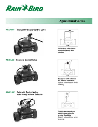 Agricultural Valves

AG-3WAY   Manual Hydraulic Control Valve




                                           Three-way selector for
                                           manual opening and
                                           closing.



AG-ELEC Solenoid Control Valve




                                           Equipped with solenoid
                                           for electric operation.
                                           Specify solenoid type when
                                           ordering.



AG-EL3W   Solenoid Control Valve
          with 3-way Manual Selector




                                           Combines manual and
                                           electric operation for
                                           greater flexibility.
                                           Specify solenoid type when
                                           ordering.
 