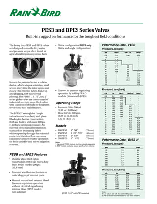 PESB and BPES Series Valves
                Built-in rugged performance for the toughest field conditions

The heavy duty PESB and BPES valves        • Globe configuration (BPES only:                       Performance Data - PESB
are designed to handle dirty water           Globe and angle configuration)                        Pressure Loss (psi)
and pressure surges often found in
                                                                                                      gpm              100-1"             150-1 1/2"      200-2"
agricultural irrigation systems. Both                                                                 0.25               0.8                0.06           0.02
                                                                                                      0.5                1.0                  -              -
                                                                                                        1                1.3                  -              -
                                                                                                        5                1.7                  -              -
                                                                                                       10                1.8                  -              -
                                                                                                       20                2.9                 4.0             -
                                                                                                       30                5.6                 3.6             -
                                                                                                       40               10.0                 2.7             -
                                                                                                       50               15.6                 2.4            3.1
                                                                                                       75                 -                  4.2            2.9
                                                                                                      100                 -                  8.5            3.9
                                                                                                      125                 -                 14.6            6.8
                                                                                                      150                 -                 21.2           10.0
feature the patented nylon scrubber                                                                   175                 -                   -            13.6
                                                                                                      200                 -                   -            17.5
device, which scrapes a stainless steel
screen every time the valve opens and
                                           • Convert to pressure regulating                        Pressure Loss (bars)
closes This prevents debris build-up
and clogging, with no external               operation by adding PRS-D                                m3/h       l/s            100-1"       150-1 1/2"   200-2"

piloting. The PESB 1", 1 1/2", and 2"        module (Shown with BPES)                                 0.06       0,2             0,05                -       -
                                                                                                        1       0,28             0,11                -       -
series globe valves are constructed of                                                                  2       0,56             0,12                -       -
industrial-strength glass-filled nylon                                                                  3       0,83             0,15                -       -
                                           Operating Range                                              4        1,11            0,18                -       -
with stainless steel studs for long term                                                                5        1,39            0,24              0,27      -
service and easy maintenance.              • Pressure: 20 to 200 psi                                    6        1,67            0,32              0,26      -
                                             (1,38 to 13,8 Bars)                                        7        1,94            0,41              0,24      -
                                                                                                        8        2,22            0,54              0,21      -
The BPES 3" series globe / angle           • Flow: 0.25 to 300 gpm
                                                                                                        9        2,50            0,68              0,19      -
valves feature brass body and glass-         (0,06 to 45,40 m3/h;                                      10        2,78            0,84              0,18      -
filled nylon bonnet construction.            0,02 to 12,60 l/s)                                        12       3,33               -               0,18    0,21
                                                                                                       14       3,89               -               0,22    0,21
Both are built to withstand 200 psi                                                                    16       4,44               -               0,26    0,20
(13,8 bars) operating pressure. An                                                                     22       6,11               -               0,55    0,26
                                           Models                                                      28       7,78               -               0,98    0,46
external bleed manual operation is                                                                     34       9,45               -               1,46    0,69
standard for evacuating debris             •   100PESB         1" NPT              (25mm)              40       11,11              -                 -     0,95
without passing through the solenoid       •   150PESB         1 1/2" NPT          (40mm)              45       12,50              -                 -     1,18

ports. And their low flow operating        •   200PESB         2" NPT              (50mm)
capabilities ensure reliable operation     •   300BPES         3" NPT              (75mm)
for both sprinkler and micro irrigation
                                                                                                   Performance Data - BPES 3"
                                           Notes:
systems.                                   1.Valve and PRS-D module must be ordered separately     Pressure Loss (psi)
                                           2. BSP models available, please specify when ordering
                                                                                                       gpm                        Globe                   Angle
                                                                                                        60                         7.5                     6.8
                                                                                                        80                         7.4                     7.1
PESB and BPES Features                                                                                 100
                                                                                                       120
                                                                                                                                   7.3
                                                                                                                                   5.8
                                                                                                                                                           6.8
                                                                                                                                                           5.2
• Durable glass-filled nylon                                                                           160                         1.8                     1.8
                                                                                                       200                         2.2                     1.9
  construction (BPES has heavy duty                                                                    250                         3.3                     2.6
  brass body) rated to 200 psi                                                                         300                         4.9                     3.5
  (13,8 bars)
                                                                                                   Pressure Loss (bars)
• Patented scrubber mechanism to                                                                       m3/h              l/s               Globe          Angle
  resist clogging of internal ports                                                                    14               3,89                0,52          0,47
                                                                                                       20               5,56                0,51          0,48
• Manual internal and external bleed                                                                   30               8,33                0,32          0,29
                                                                                                       40              11,11                0,14          0,13
  Pressure regulation operation                                                                        50              13,89                0,18          0,15
  without electrical signal using                                                                      60              16,67                0,26          0,20
                                                                                                       68              18,89                0,34          0,24
  internal bleed (BPES model -
  turn adapter)                                                                                    Notes:
                                                   PESB 1 1/2" with PRS module                     1. Loss values are with flow control fully open.
                                                                                                   2. PRS-D module recommended for use below bold line.
 