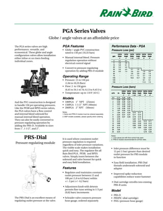 PGA Series Valves
                                 Globe / angle valves at an affordable price

The PGA series valves are high             PGA Features                                            Performance Data - PGA
performance, versatile, and                • Globe / angle PVC construction                        Pressure Loss (psi)
economical. These globe and angle            rated to 150 psi (10,35 bars)
                                                                                                           100PGA     100PGA          150PGA   150PGFA       200PGA   200PGA
configuration valves allow installation                                                             gpm    Globe       Angle          Globe       Angle      Globe    Angle
either inline or on risers feeding         • Manual internal bleed. Pressure                                 1"            1"         1 1/2"      1 1/2"       2"       2"

individual zones.                            regulation operation without                            2      4.1           4.1           -          -          -         -
                                             electrical control signal                               5      4.9           4.6           -          -          -         -
                                                                                                    10      5.8           5.1           -          -          -         -
                                                                                                    20      5.3           4.5           -          -          -         -
                                           • Convert to pressure regulating                         30      5.0           4.5          2.1        1.6         -         -
                                             operation by adding PRS-D module                       40      8.5           7.4          2.8        2.2        1.9       2.0
                                                                                                    50       -             -           4.8        2.9        2.0       1.6

                                           Operating Range                                          75
                                                                                                    100
                                                                                                             -
                                                                                                             -
                                                                                                                           -
                                                                                                                           -
                                                                                                                                       11.1
                                                                                                                                       18.8
                                                                                                                                                  7.4
                                                                                                                                                  12.7
                                                                                                                                                             2.7
                                                                                                                                                             4.6
                                                                                                                                                                       1.9
                                                                                                                                                                       3.4
                                           • Pressure: 15 to 150 psi                                125      -             -            -          -         8.1       5.1
                                                                                                    150      -             -            -          -         11.5      7.3
                                             (1,04 to 10,35 Bars)
                                           • Flow: 2 to 150 gpm                                    Pressure Loss (bars)
                                                             3
                                             (0,45 to 34,1 m /h; 0,13 to 9,45 l/s)
                                                                                                                   100PGA 100PGA 150PGA 150PGFA 200PGA 200PGA
                                           • Temperature: up to 110 F (43 C)                       m3/h    l/s      Globe       Angle    Globe      Angle      Globe Angle
                                                                                                                     1"          1"      1 1/2"     1 1/2"      2"      2"

                                           Models                                                   0.5
                                                                                                    1
                                                                                                          0,14
                                                                                                          0,28
                                                                                                                    0,29
                                                                                                                    0,32
                                                                                                                                0,28
                                                                                                                                0,31
                                                                                                                                            -
                                                                                                                                            -
                                                                                                                                                      -
                                                                                                                                                      -
                                                                                                                                                                 -
                                                                                                                                                                 -
                                                                                                                                                                         -
                                                                                                                                                                         -
And the PVC construction is designed       • 100PGA 1" NPT (25mm)                                   2     0,56      0,38        0,34        -         -          -       -
                                                                                                    3     0,83      0,39        0,34        -         -          -       -
to handle 150 psi operating pressures.     • 150PGA 1 1/2" NPT (40mm)
                                                                                                    4     1,11      0,38        0,32        -         -          -       -
Like the PESB and BPES series valves,      • 200PGA 2" NPT (50mm)                                   5     1,39      0,36        0,31        -         -          -       -
the PGA valves have a flow control                                                                  6     1,67      0,35        0,31        -         -          -       -
                                           Notes:                                                   7     1,94      0,37        0,32      0,15      0,11         -       -
and internal bleed solenoid for            1.Valve and PRS-D module must be ordered separately      8     2,22      0,47        0,41      0,17      0,13         -       -
manual internal bleed operation.           2. BSP models available, please specify when ordering    9     2,50      0,57        0,50      0,19      0,15         -       -
                                                                                                    10    2,78        -           -       0,25      0,17         -       -
They can also be easily converted to                                                                12    3,33        -           -       0,38      0,24       0,14    0,11
pressure regulating operation by                                                                    14    3,89        -           -       0,54      0,35       0,16    0,12
adding the PRS-D. Available in sizes                                                                16    4,40        -           -       0,69      0,46       0,18    0,13
                                                                                                    22    6,10        -           -       1,23      0,83       0,30    0,22
from 1", 1 1/2", and 2".                                                                            28    7,80        -           -         -         -        0,54    0,34
                                                                                                    34    9,44        -           -         -         -        0,79    0,50



         PRS-Dial                          It is used where consistent outlet
                                                                                                   Notes:
                                                                                                   1. Loss values are with flow control fully open.
                                                                                                   2. PRS-D module recommended for all flow rates.
                                           pressure regulation is required
Pressure regulating module
                                           regardless of inlet pressure variations.
                                           The visible scale makes installation                    • Inlet pressure difference must be
                                           quick and easy. The regulator fits all                    15 psi (1 bar) greater than desired
                                           Rain Bird PGA, PESB, and BPES                             outlet pressure for PRS module
                                           valves. Simply insert between the                         to function
                                           solenoid and valve bonnet for quick
                                           and easy field installation.                            • Easy field installation. PRS Dial
                                                                                                     threads underneath solenoid and
                                           Features                                                  adapter
                                           • Regulates and maintains constant
                                                                                                   • Improved spike reduction
                                             outlet pressure between 15 and
                                                                                                     capabilities reduce water hammer
                                             100 psi (1,0 to 6,9 bars) within
                                             +/- 3 psi (+/- 0,2 bars)                              • Dial cartridge retrofits into existing
                                                                                                     PRS-B units
                                           • Adjustment knob with detents
                                             permits fine-tune setting in 1/3 psi
                                             (0,02 bars) increments
                                                                                                   Model
                                                                                                   • PRS-D
The PRS-Dial is an excellent means of      • Schrader valve connects pressure                      • PRSPIC (dial cartridge)
regulating outlet pressure at the valve.     hose gauge, ordered separately                        • PHG (pressure hose gauge)
 